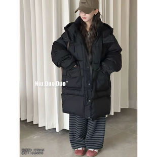 牛哆哆黑色羽绒服女冬中长款连帽加厚保暖廓形外套时尚百搭