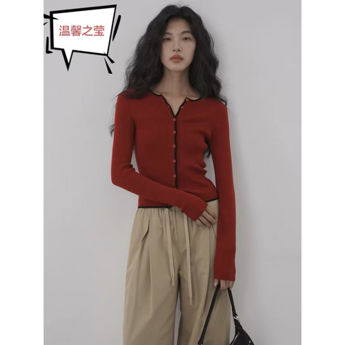 EIGHTMONTH 早秋复古红色撞色边针织开衫女修身显瘦短款长袖上衣