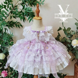 夏重工蕾丝吊带紫色花嫁洛丽塔连衣裙女童西班牙公主生日礼服走秀