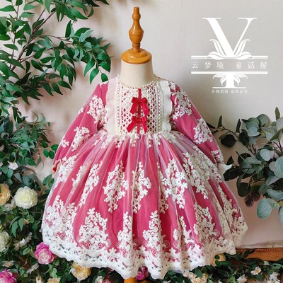 女童长袖红色公主刺绣连衣裙