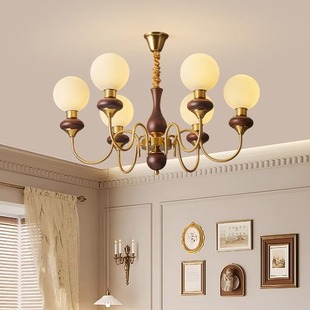 法式 复古风卧室灯胡桃木色餐厅氛围灯具 中古风客厅灯魔豆吊灯美式