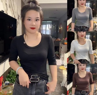 弹力五分袖 欧货纯黑t恤女春夏秋4新款 百搭时尚 修身 上衣 内搭打底衫