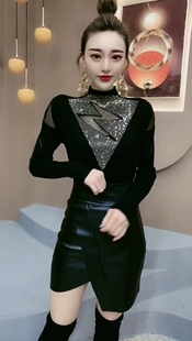 长袖 小衫 黑上衣 女秋冬3欧货烫钻镂空T恤性感修身 半高领百搭打底衫