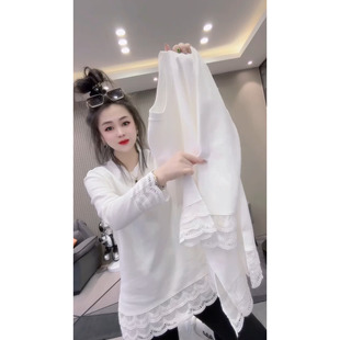 宽松白色长袖 纯色中长款 秋冬5新款 女装 t恤上衣 蕾丝花边内搭打底衫