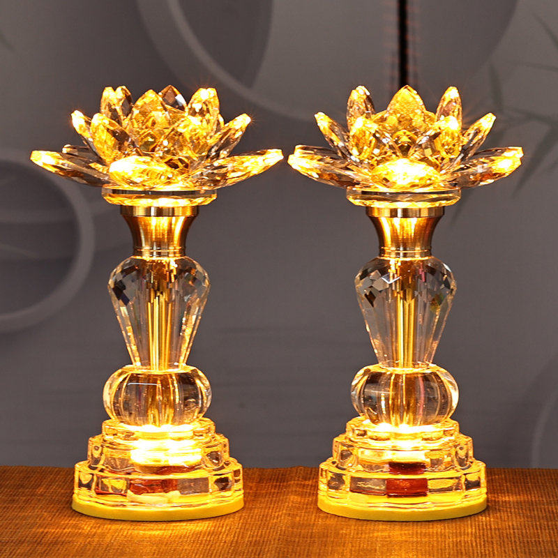 莲花灯新款家用插电LED七彩水晶荷花灯佛前供灯插电式财神灯黄光