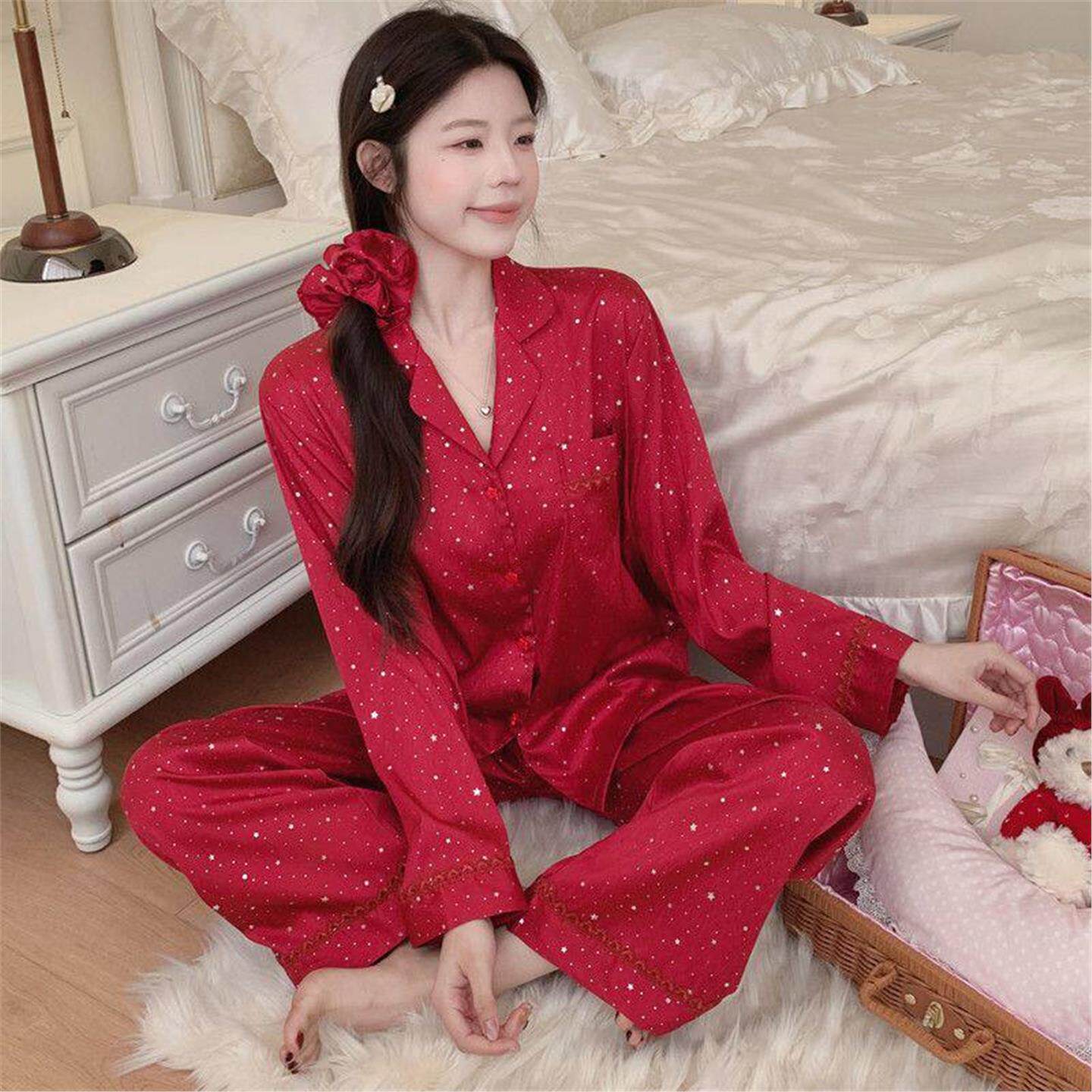 真丝睡衣女春秋季长袖长裤套装桑蚕丝红色喜庆满天星高级感家居服