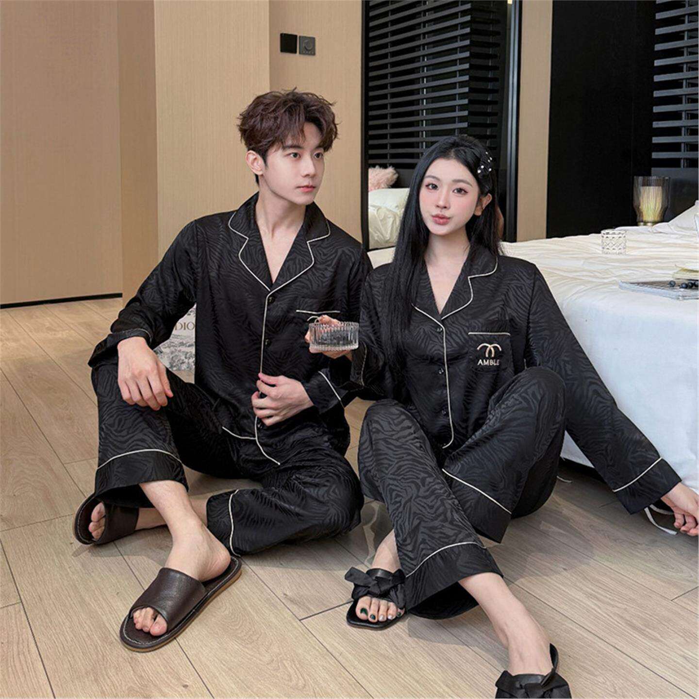 真丝睡衣情侣春秋季薄款长袖长裤套装桑蚕丝时尚提花家居服礼盒装