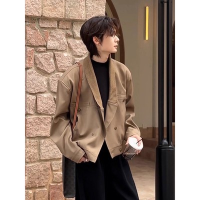 男士外套针织拼接夹克双排扣上衣