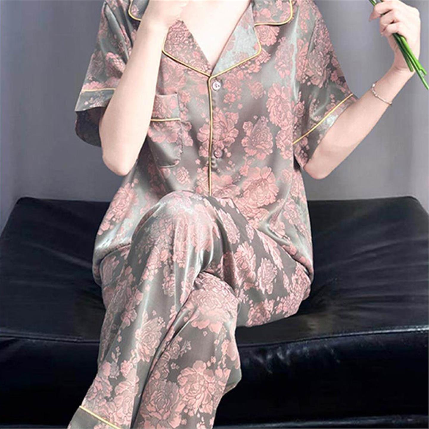 真丝睡衣女款春秋季短袖长裤三件套桑蚕丝轻奢高级感家居服家居服