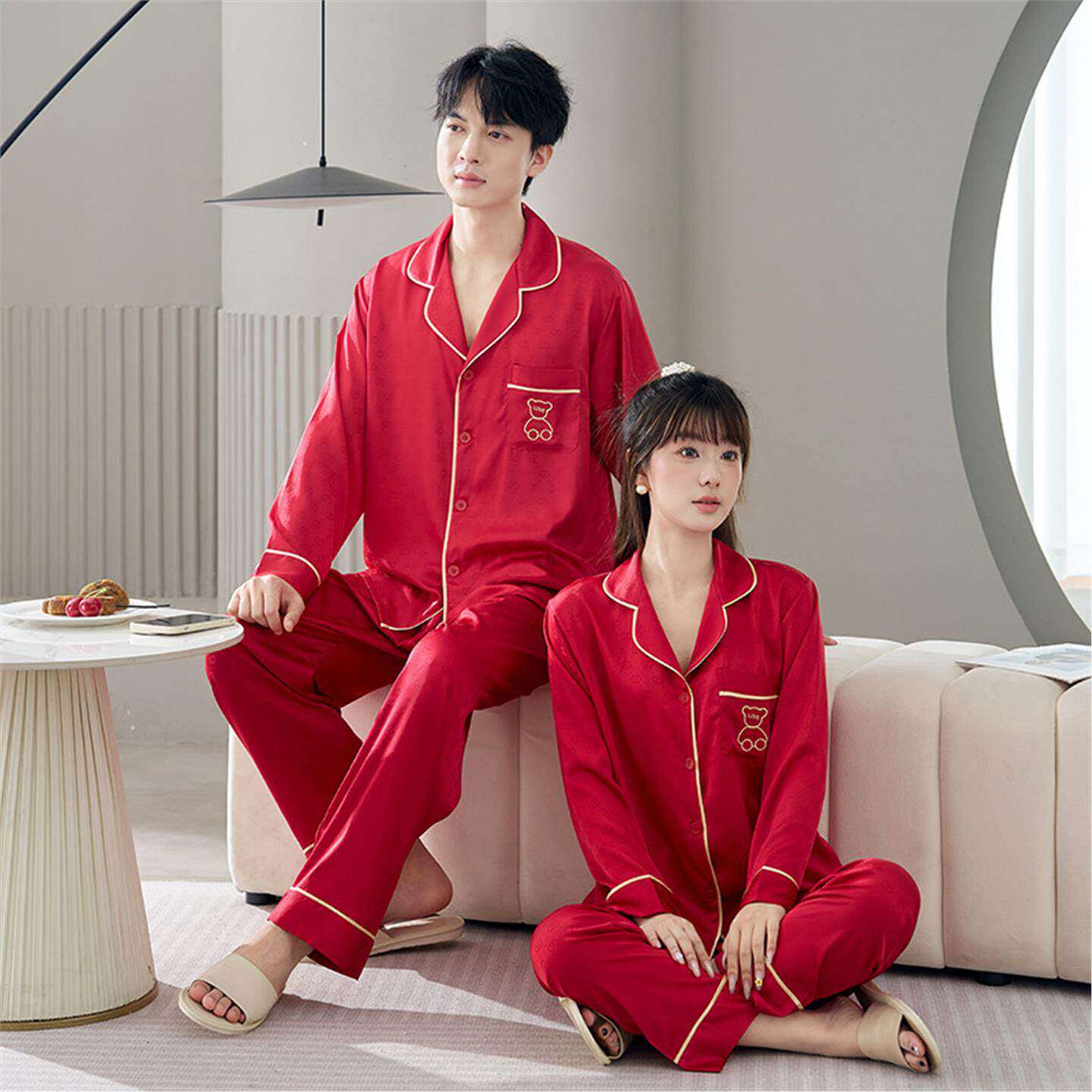 真丝睡衣情侣春秋季长袖长裤套装桑蚕丝大码本命年红色卡通家居服