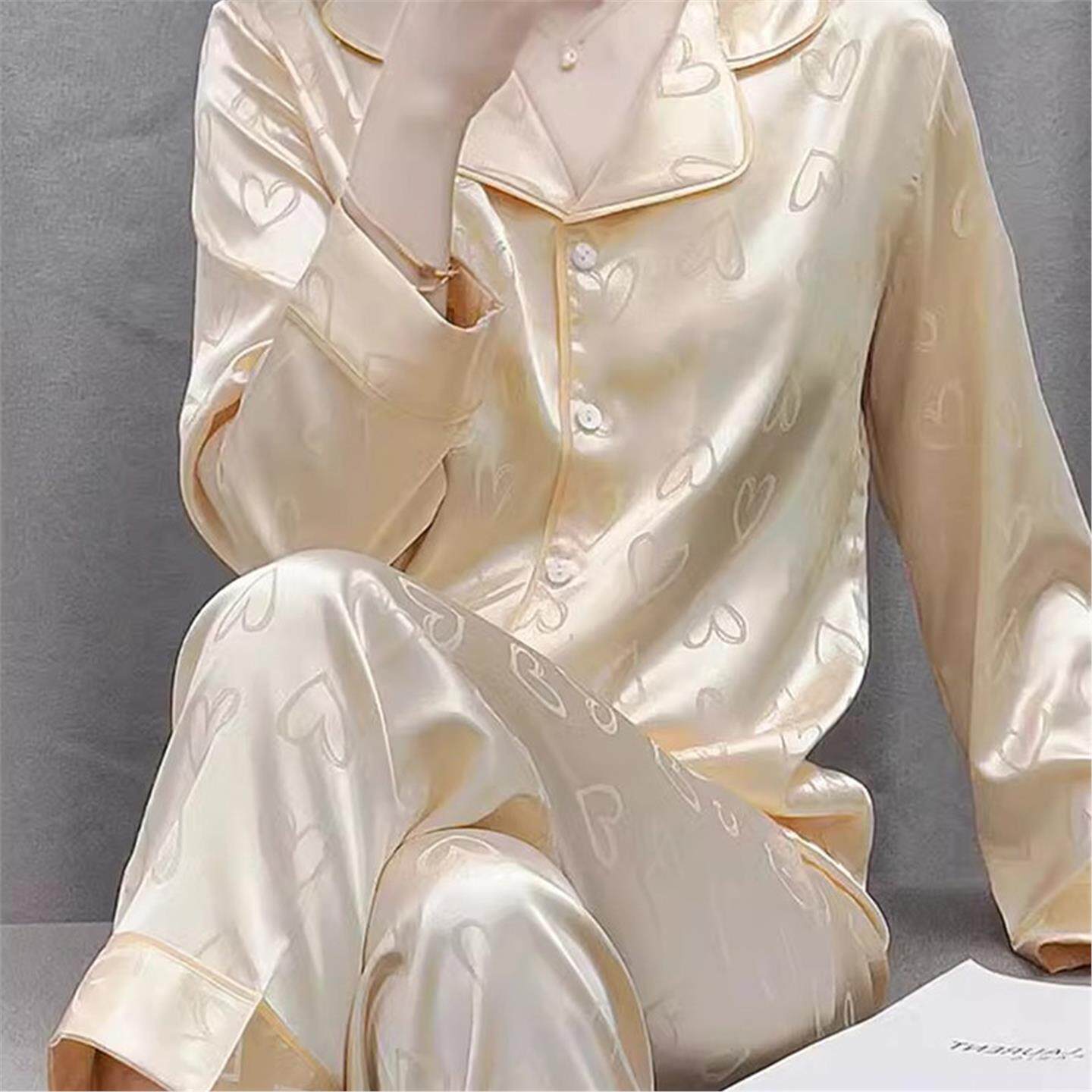 爱心真丝睡衣女春秋季长袖长裤套装桑蚕丝印花高级感可外穿家居服