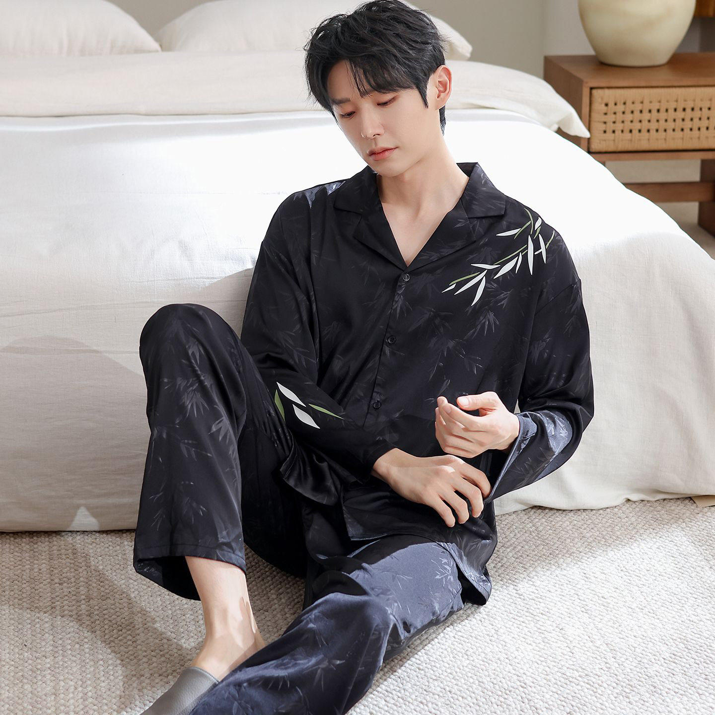 国风真丝睡衣男士春秋季长袖长裤套装桑蚕丝高级感加肥大码家居服