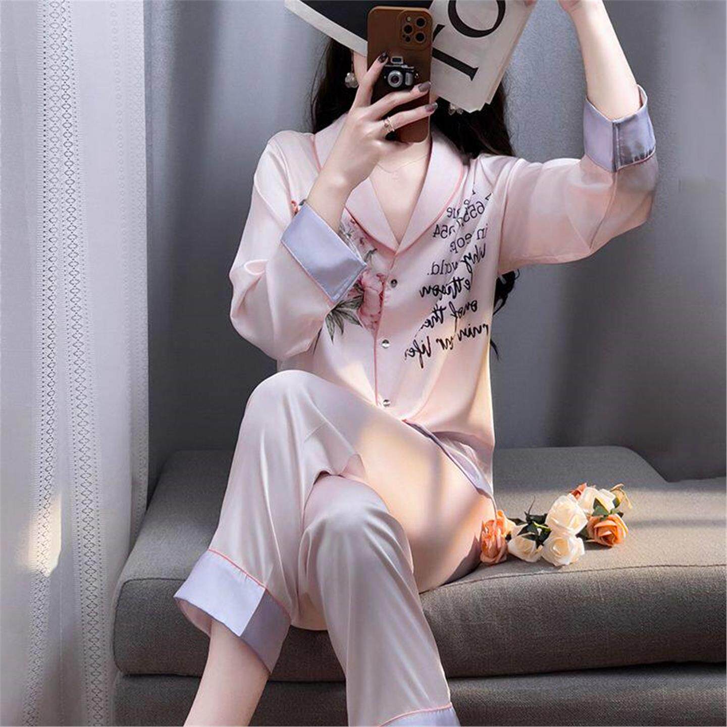 国风真丝睡衣女士春秋季长裤长裤套装桑蚕丝高级感薄款真丝绸居服