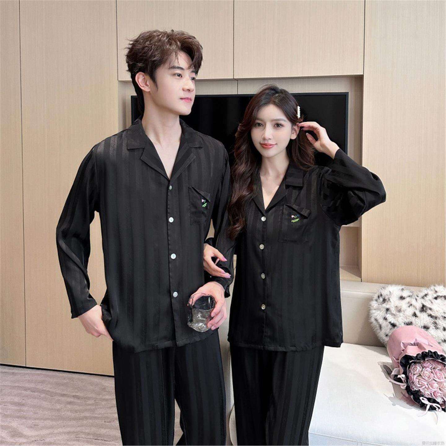 真丝睡衣情侣春秋季薄款长袖长裤套装桑蚕丝高级感一男一女家居服