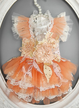 私宠手作橙色镂空宠物蕾丝裙泰迪比熊等犬夏狗衣服猫咪蓬蓬裙定制