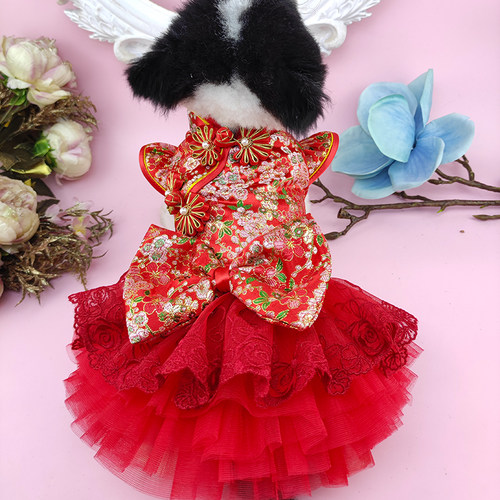 喜庆织锦缎狗狗裙子私宠手作定做