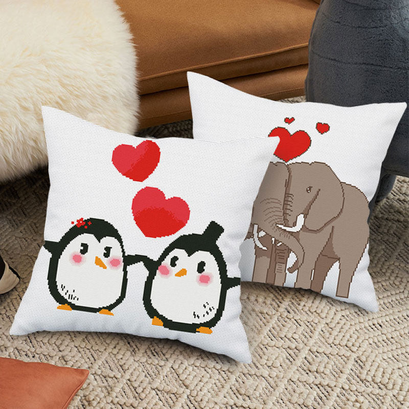 抱枕十字绣可爱动物企鹅简单情侣一对自己绣手工靠枕刺绣小件线绣