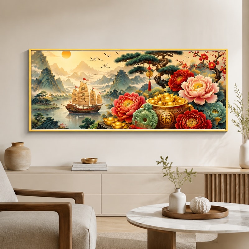 花开富贵流水生财十字绣客厅挂画手工DIY材料包中国风国潮新中式