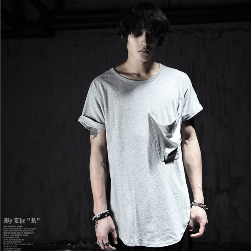 男式韩版中长款短袖t恤个性非主流休闲时尚大口袋装饰