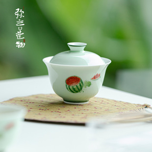 弥言果绿釉下彩手绘西瓜盖碗手工陶瓷薄胎泡茶碗茶杯整套功夫茶具