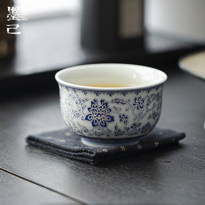 墨己银纹青花连理枝压手杯功夫茶具陶瓷家用大号主人杯普洱茶杯
