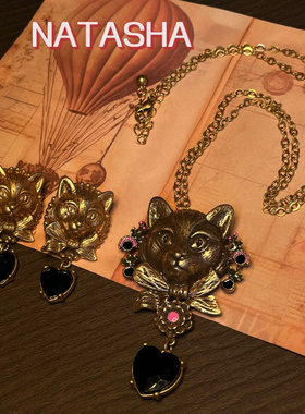 欧美西洋中古vintage回流重工耳坠项链古董做旧设计感猫头饰品