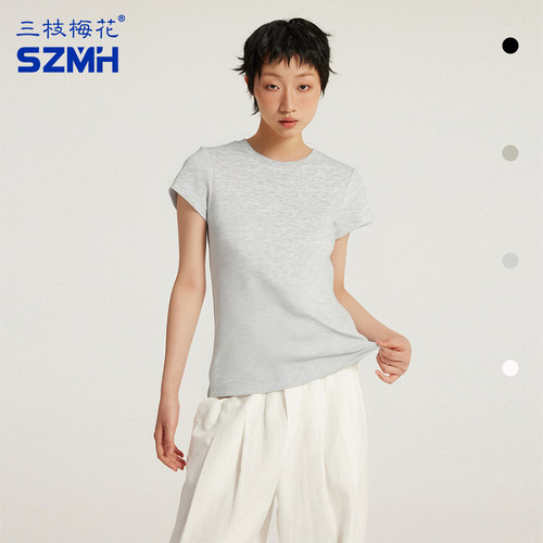 三枝梅花正肩短袖t恤女修身百搭