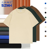 女重磅落肩t恤情侣百搭打底衫 三枝梅花短袖 T恤男纯棉宽松休闲半袖