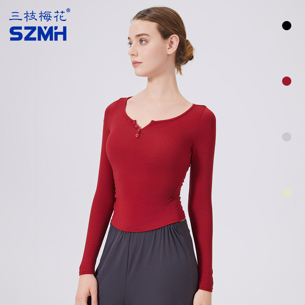 三枝梅花亨利长袖T恤女v领秋冬修身保暖低领打底衫半开领红色上衣