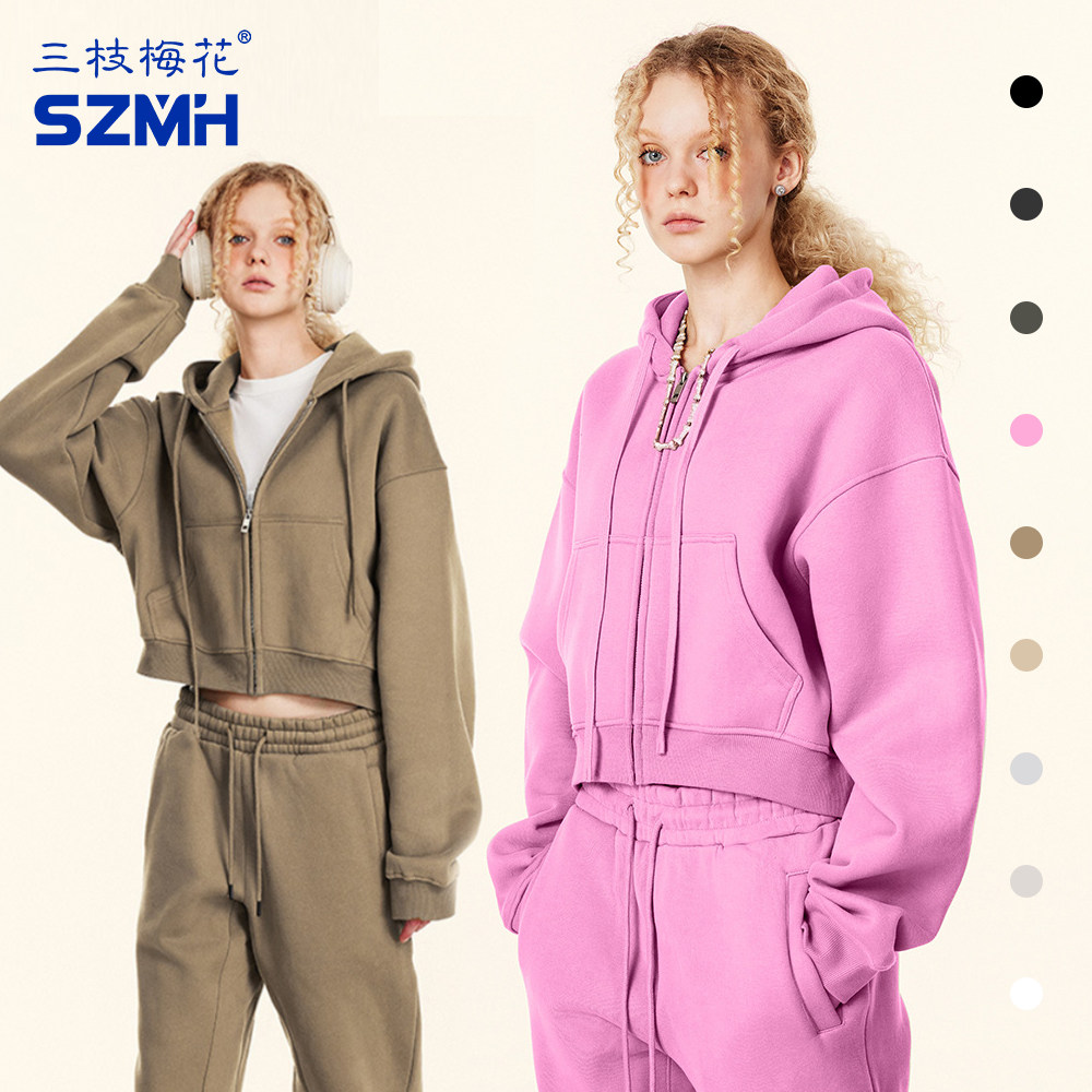 三枝梅花连帽卫衣女加绒短款宽松拉链外套保暖纯色运动服秋冬新款