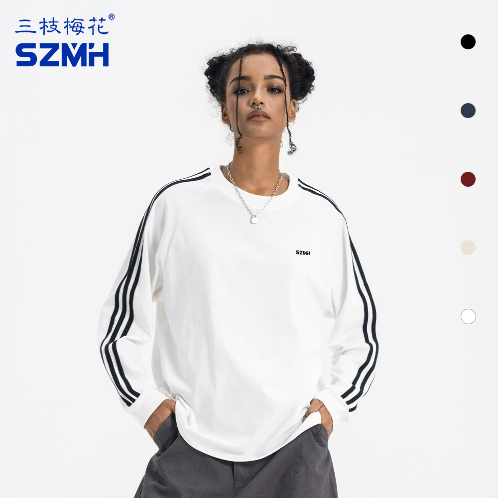 三枝梅花长袖男女侧杠长T宽松