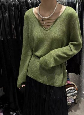 高品质绿色V领长袖针织衫女2025年早季新款宽松韩系百搭舒适上衣