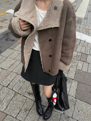 欧洲站2025冬季新款欧货双面穿长袖麂皮绒羊毛皮毛一体外套女