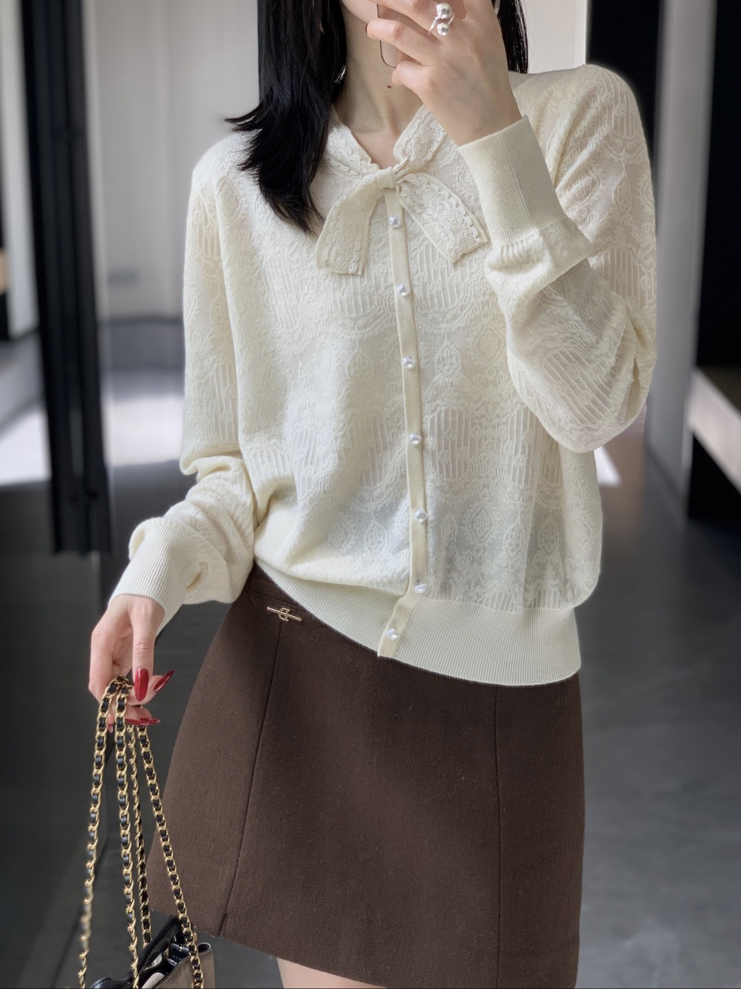 2025韩系冬甜美织带压线交叉蝴蝶结套头提花纹理针织毛衣女58280