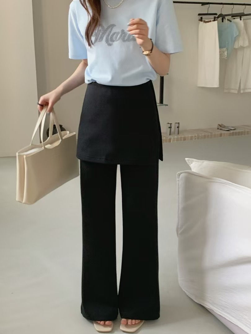 欧货正品 假两件屁帘微喇裤女2025春季新款高腰显瘦休闲大码长裤