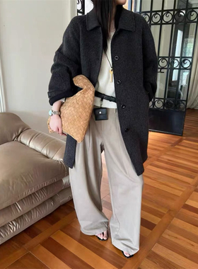 韩系简约高品质后领开叉苏力羊驼毛大衣女2025冬新单排中长款大衣