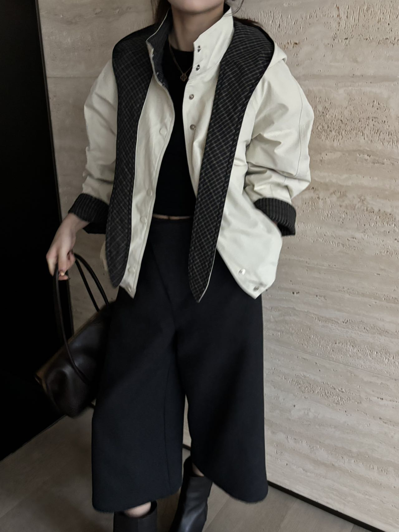 MLNH35873正品25冬装韩版格子披肩帽韩版休闲立领单排扣羽绒服女