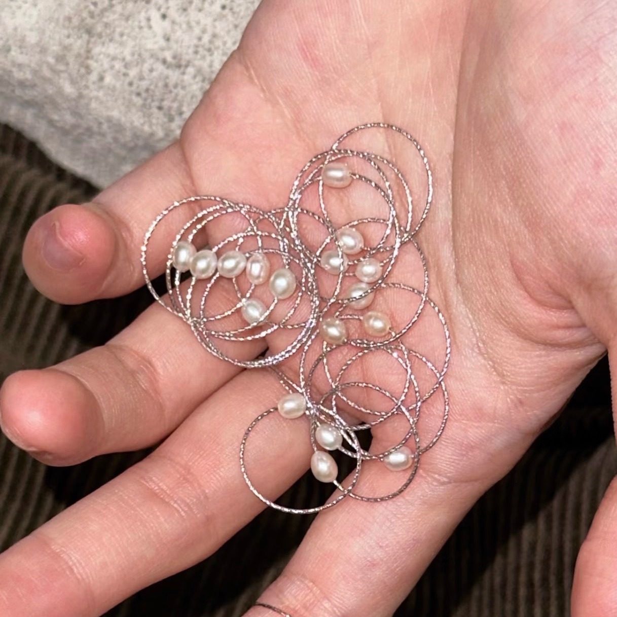 纤细闪S925银丝天然米珠戒指