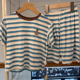 短袖 儿童男童蓝色条纹款 店 家居服夏款 套装 短裤 实体精品童装