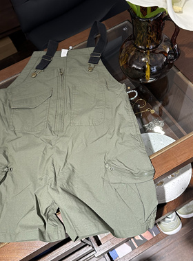 中大童 军绿色梭织透气连体裤 大口袋潮裤夏季背带裤