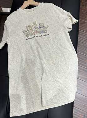实体精品童装店 女童卡通印花浅灰色短袖连身裙 长款tee
