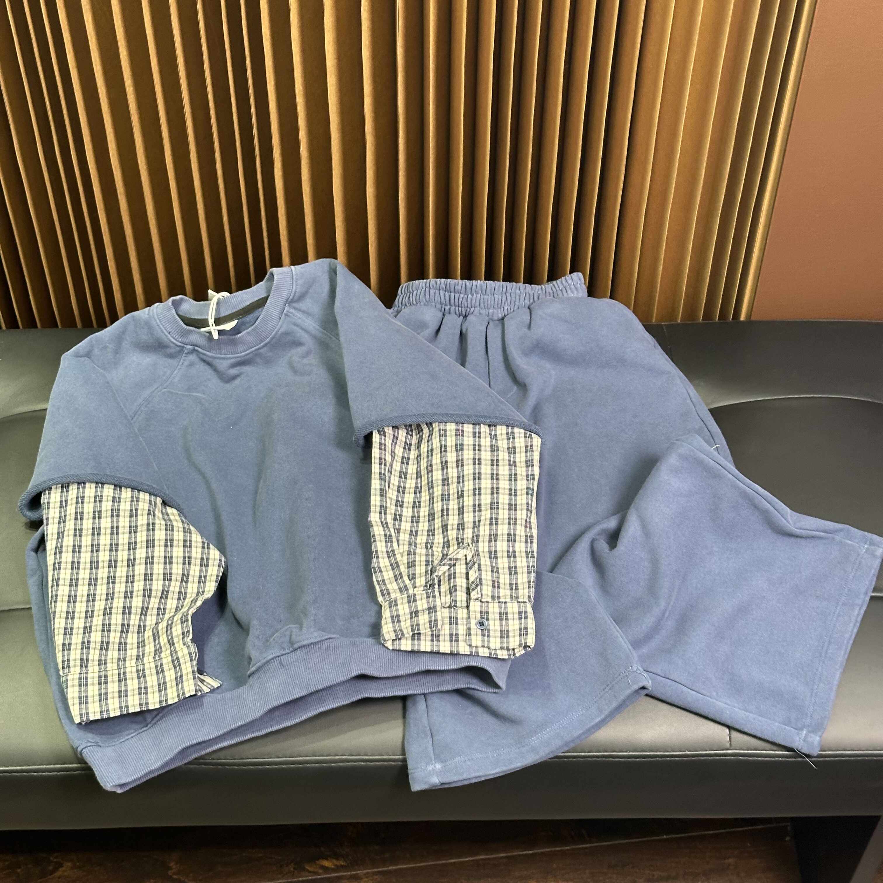 实体精品童装店 现货秒发 儿童卫衣拼接格纹衬衫假两件休闲套装