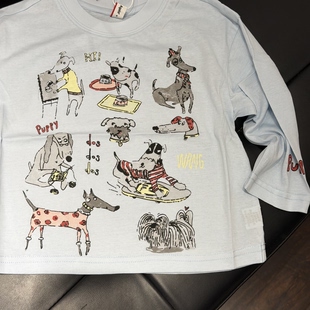 中小童浅蓝色长袖 夏季 新款 软萌手绘小狗印花清新防晒长袖 T恤