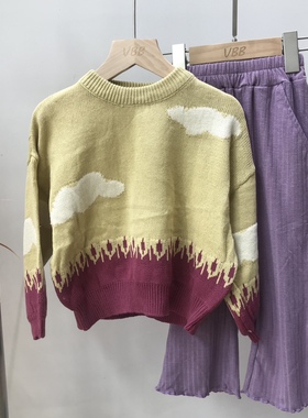 实体精品童装店 IDOL 2023SS 女童淡黄拼紫色圆领线衣 云朵针织衫