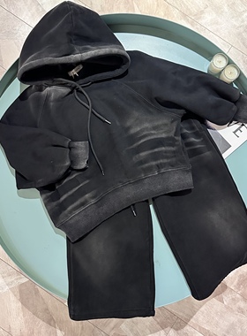 精品童装实体店 设计师品牌 中大童扎染黑灰色卫衣套装加绒