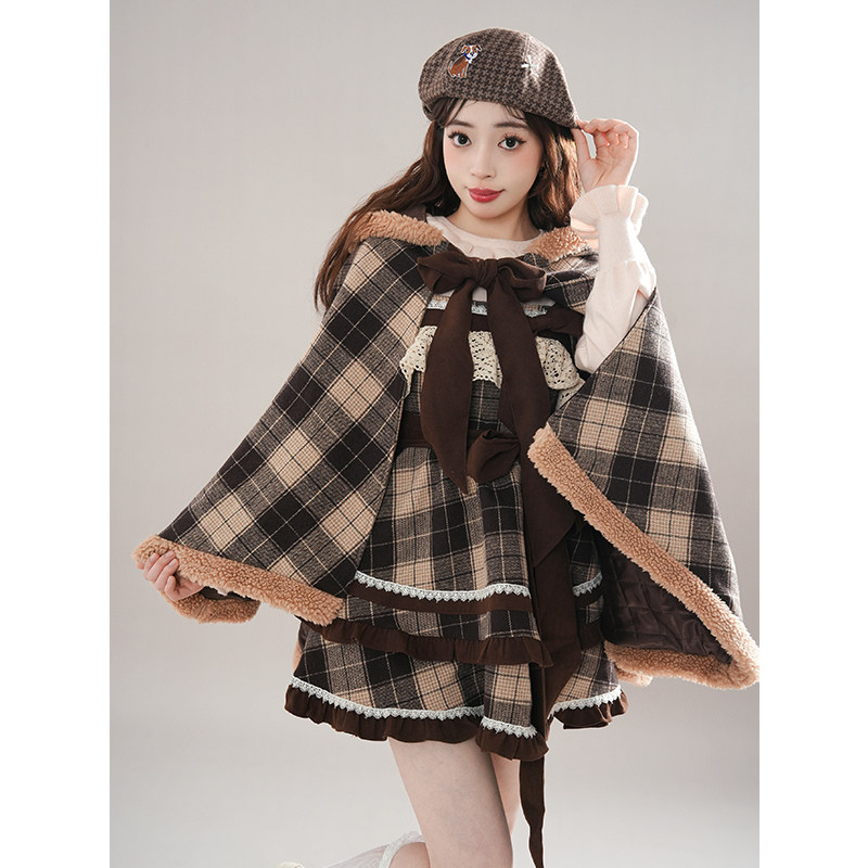 咖色格子夹棉斗篷连帽毛呢保暖披风女+咖格蛋糕裙+粉杏花边上衣,女装/女士精品,时尚套装,淘宝优惠券,粉丝福利购,淘宝优惠卷