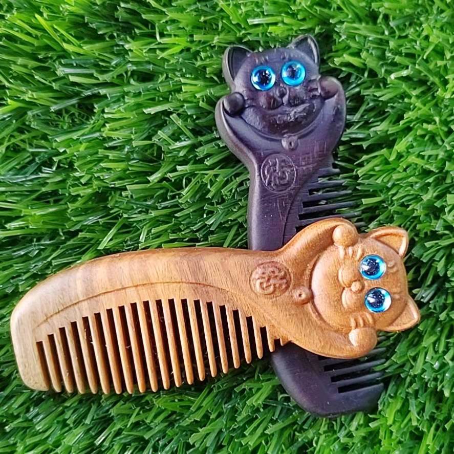 绿檀木梳动物猫咪箱包梳子可爱饰口袋梳福气猫咪木梳