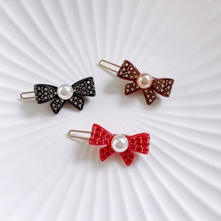 法式高端珍珠蝴蝶结侧边夹精致镶钻别刘海碎发小发夹一字夹青蛙夹