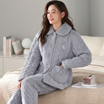 睡衣女冬季夹棉加绒中年妈妈珊瑚绒加厚宽松冬天可外穿家居服套装