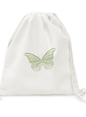 粉绿色蝴蝶飞舞图案帆布背包购物旅行双肩拉带抽绳书包礼物